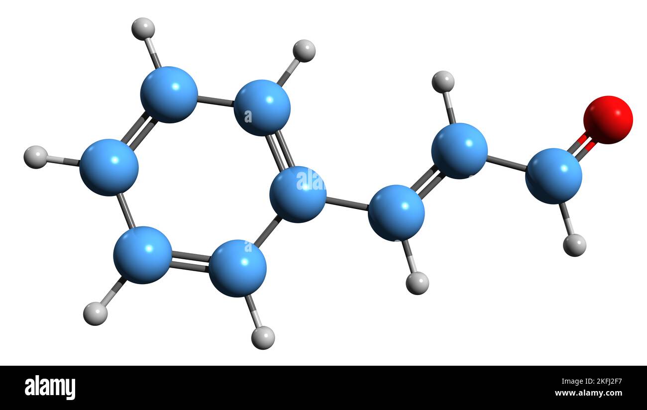 3D Bild der Skelettformel von Cinnamaldehyd - molekulare chemische Struktur von Cinnamal isoliert auf weißem Hintergrund Stockfoto