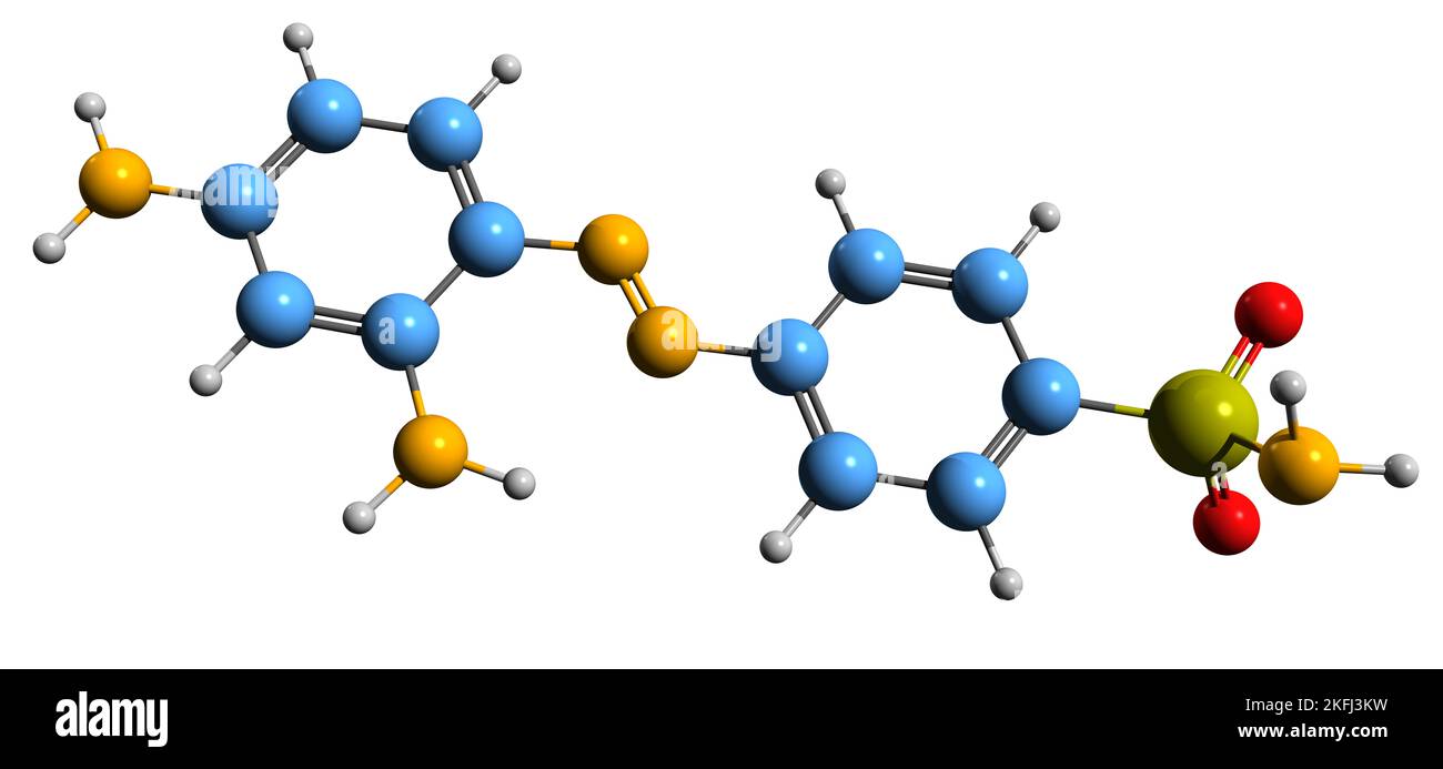 3D Bild der Skelettformel von Prontosil - molekularchemische Struktur des antibakteriellen Medikaments Sulfamidochrysoidin auf weißem Hintergrund isoliert Stockfoto