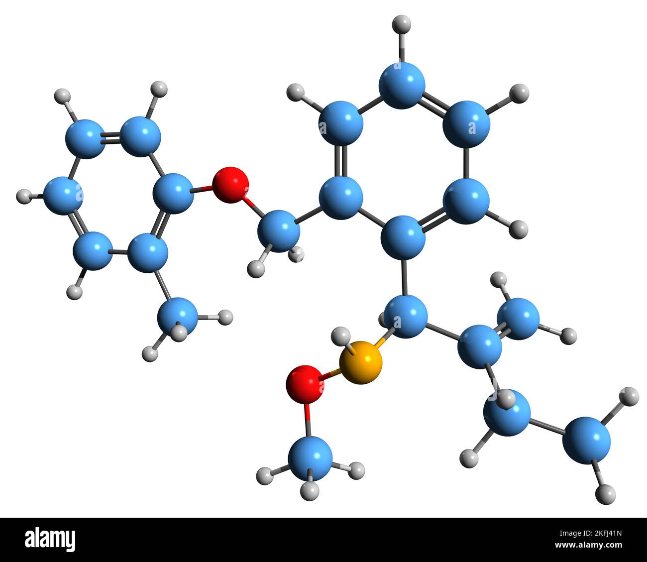 3D Aufnahme der Skelettformel von Strobilurin - molekulare chemische Struktur von Kresoxim-Methyl auf weißem Hintergrund isoliert Stockfoto