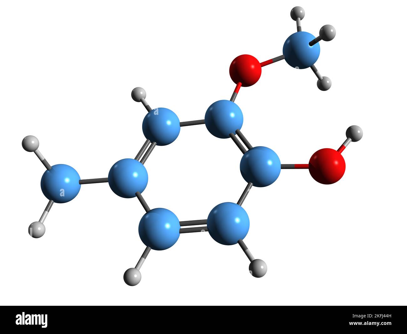 3D Bild der Creosol-Skelettformel - molekulare chemische Struktur von 4-Methylguaiacol isoliert auf weißem Hintergrund Stockfoto