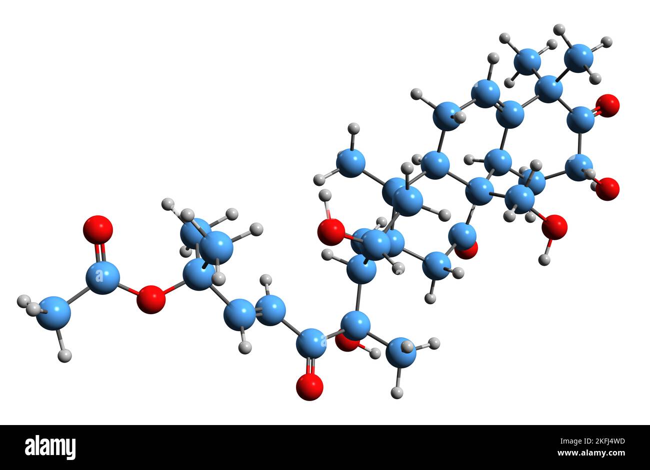 3D Bild der Skelettformel von Cucurbitacin - molekulare chemische Struktur von Triterpen, isoliert auf weißem Hintergrund Stockfoto