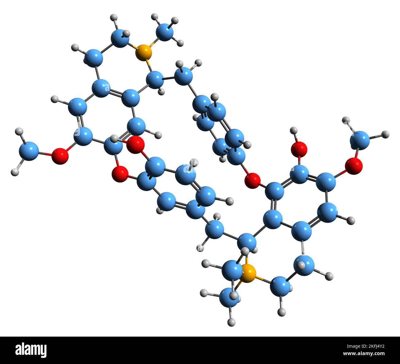 3D Bild der Skelettformel von Curare - molekularchemische Struktur des Alkaloidpfeilgifts auf weißem Hintergrund isoliert Stockfoto