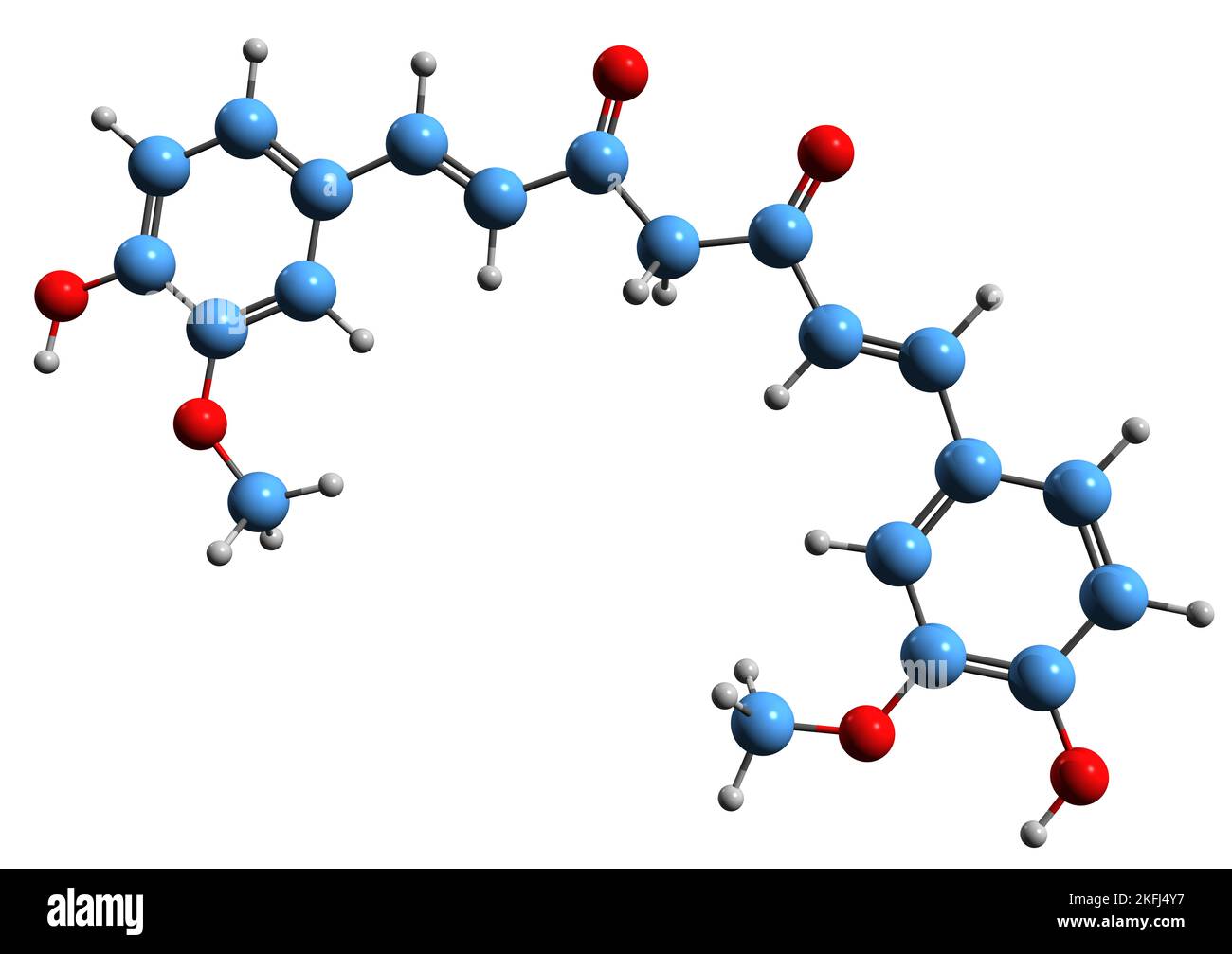 3D Bild von Curcumin Skelettformel - molekularchemische Struktur der Lebensmittelfärbung Diferuloylmethan isoliert auf weißem Hintergrund Stockfoto