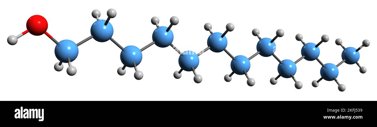 3D Bild von Fettalkohol Dodecanol Skelettformel - molekularchemische Struktur von Laurylalkohol isoliert auf weißem Hintergrund Stockfoto