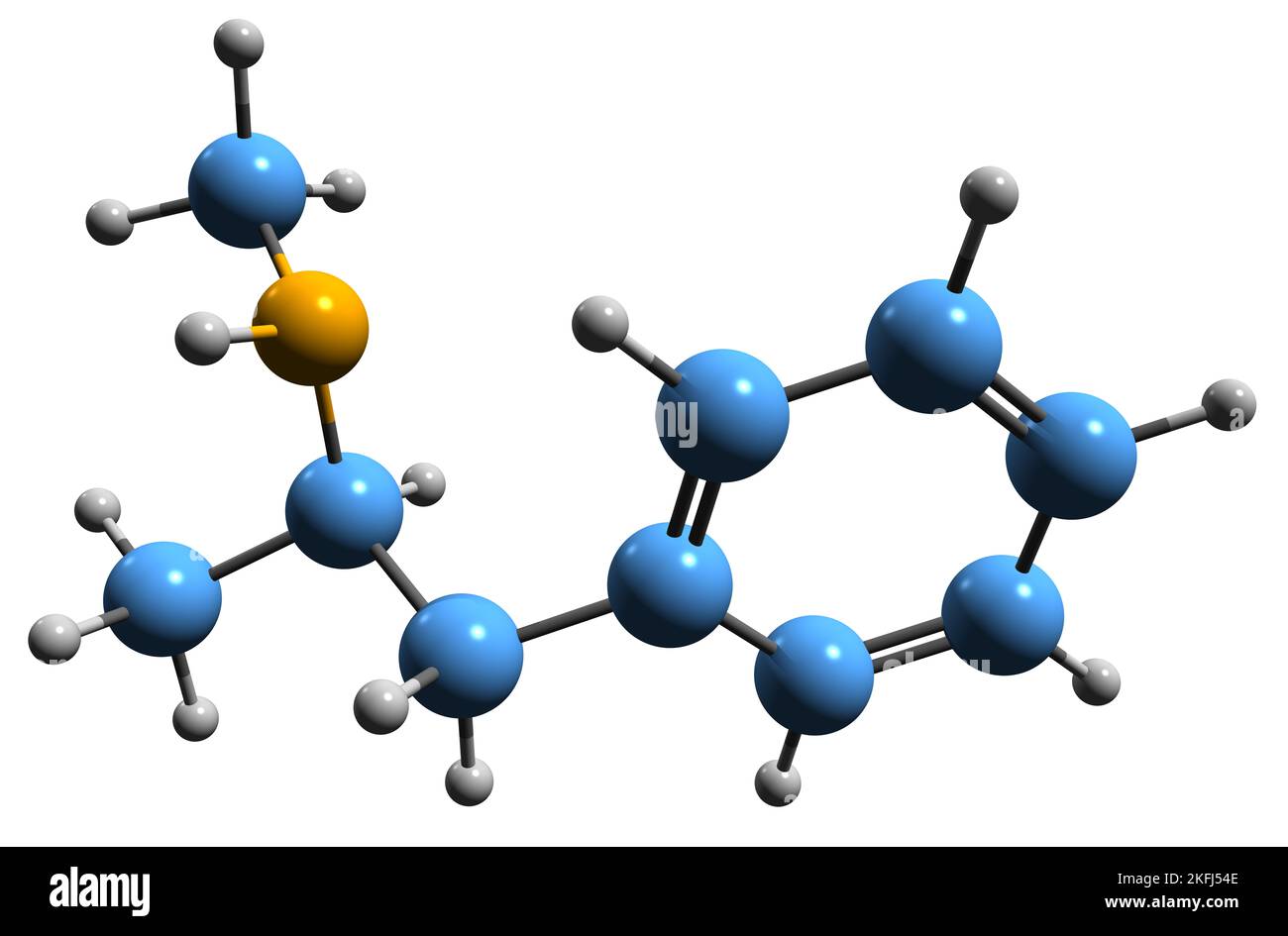3D Aufnahme der Skelettformel von Levomethamphetamin - molekulare chemische Struktur des sympathomimetischen Vasokonstriktors auf weißem Hintergrund isoliert Stockfoto