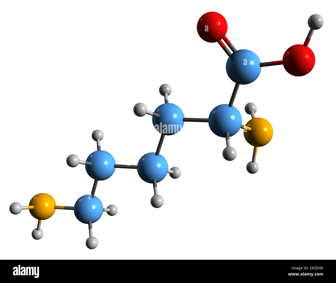 3D Bild der Skelettformel von Lysin-Hydrochlorid - molekulare chemische Struktur von L-Lysin-Monohydrochlorid auf weißem Hintergrund isoliert Stockfoto