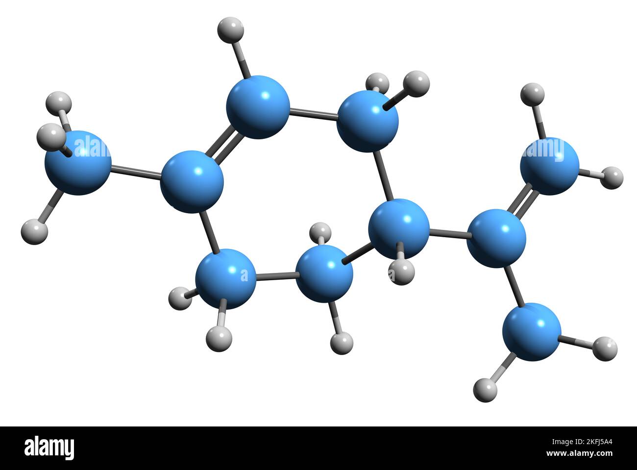 3D Bild der Skelettformel von Limonene - molekularchemische Struktur von zyklischen Monoterpenen isoliert auf weißem Hintergrund Stockfoto