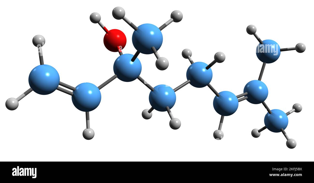 3D Bild der Skelettformel von Linalool - molekulare chemische Struktur von allo-Ocimenol isoliert auf weißem Hintergrund Stockfoto