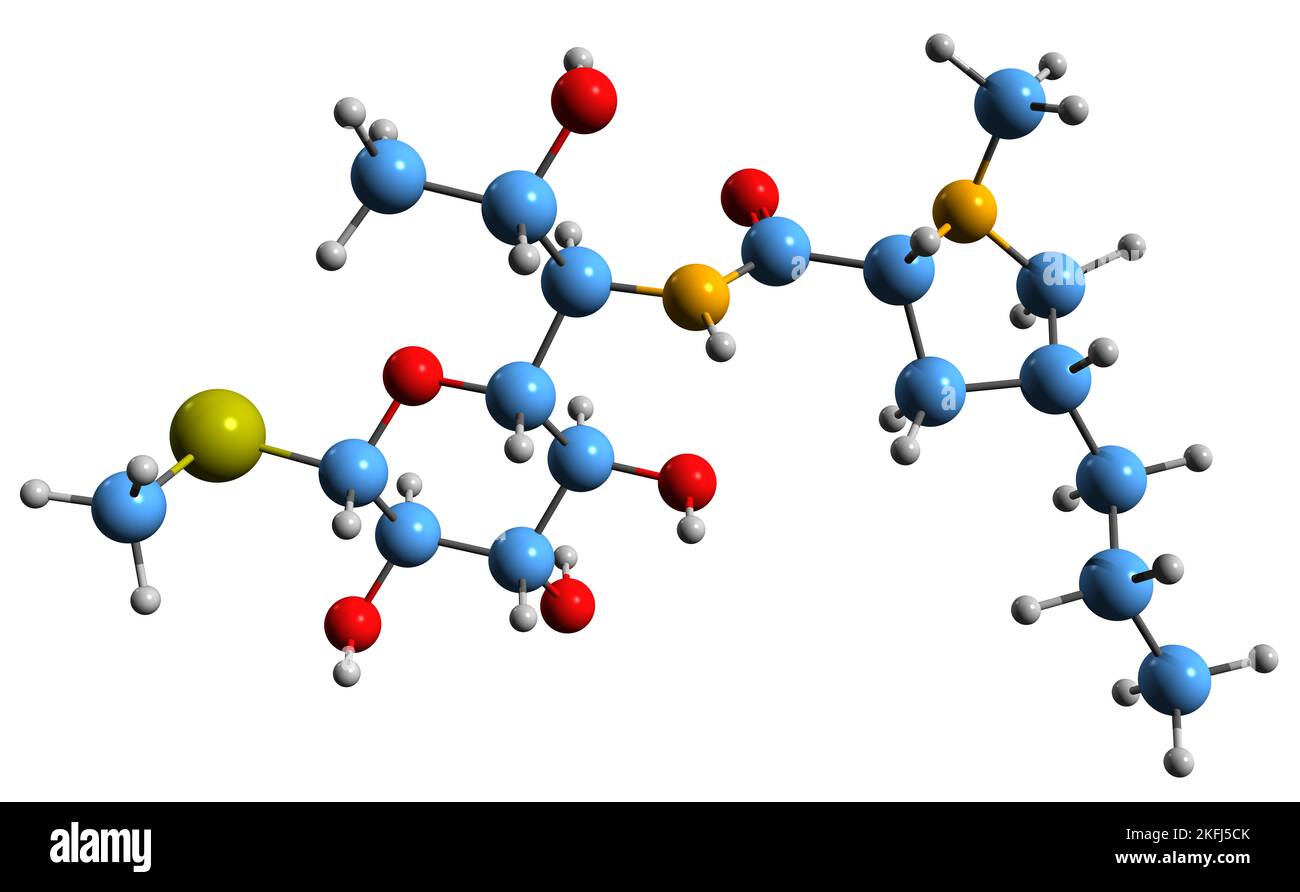3D Bild der Skelettformel von Lincomycin - molekularchemische Struktur des auf weißem Hintergrund isolierten Lincosamid-Antibiotikums Stockfoto