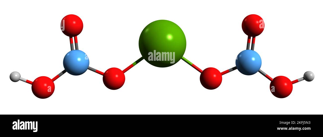 3D Bild der Skelettformel von Magnesium-Bikarbonat - molekularchemische Struktur von Magnesiumhydrogencarbonat isoliert auf weißem Hintergrund Stockfoto