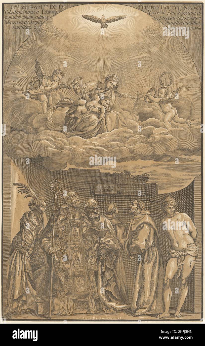 Die Jungfrau und das Kind in den Wolken mit sechs Heiligen, 1742. Stockfoto