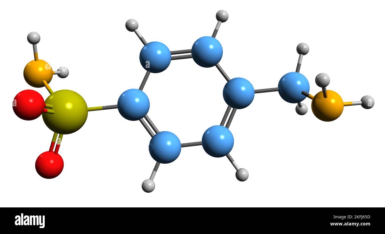 3D Bild der Mafenide-Skelettformel - molekularchemische Struktur von Sulfonamid-Medikamenten isoliert auf weißem Hintergrund Stockfoto