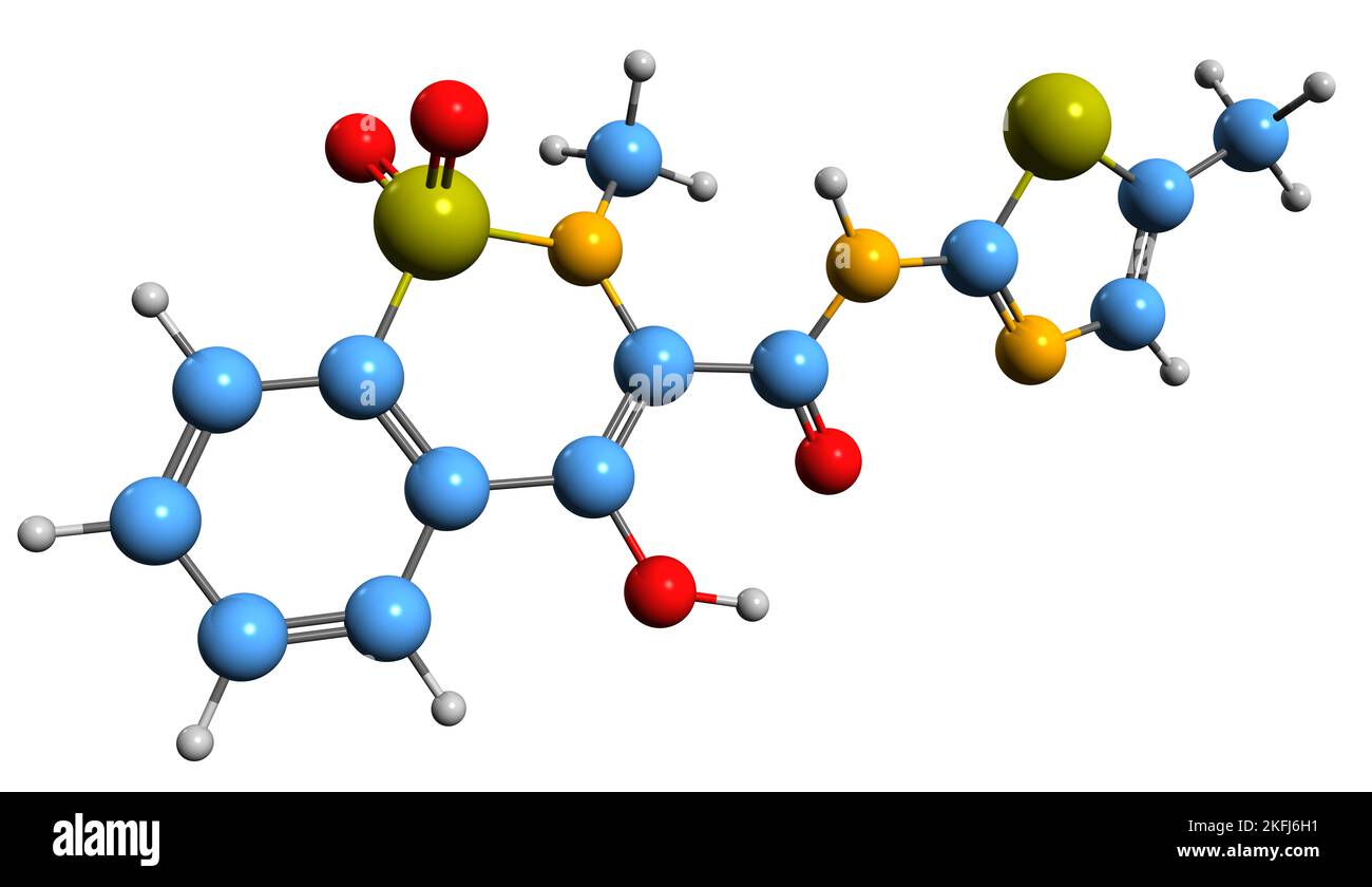 3D Bild der Skelettformel von Meloxicam - molekulare chemische Struktur nichtsteroidaler entzündungshemmender Medikamente, isoliert auf weißem Hintergrund Stockfoto