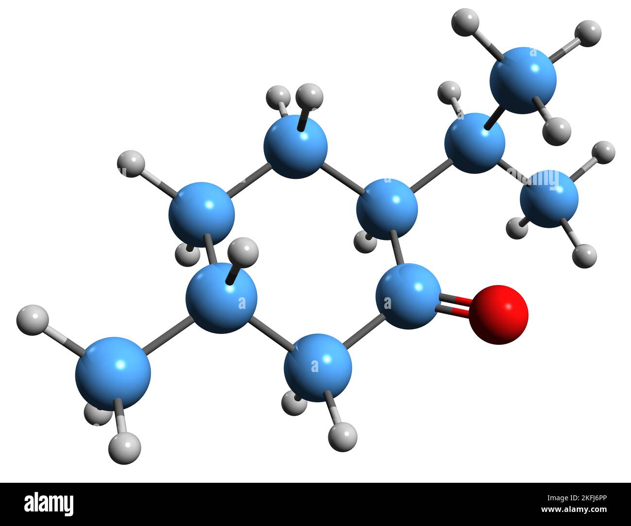 3D Bild der Menthone-Skelettformel - molekularchemische Struktur von Cyclohexanon isoliert auf weißem Hintergrund Stockfoto