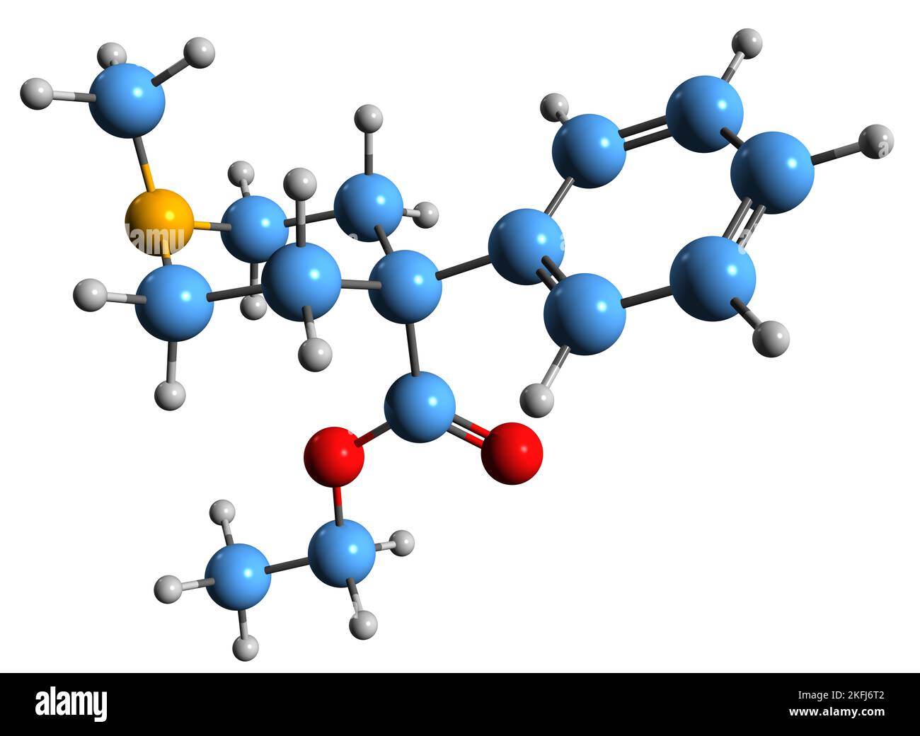 3D Bild der Skelettformel von Pethidin - molekulare chemische Struktur des Opioid-Schmerzmittels Meperidin auf weißem Hintergrund isoliert Stockfoto