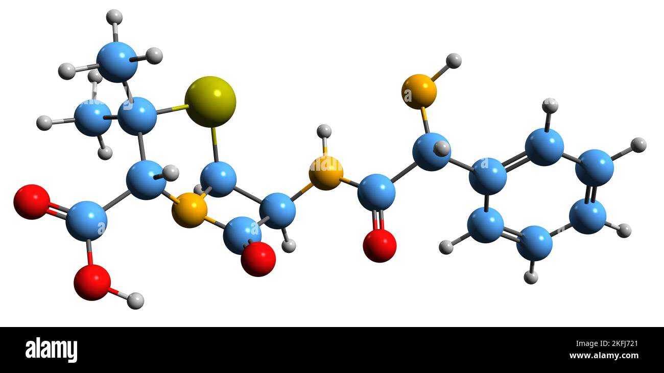 3D Bild der Metampicillin-Skelettformel - molekulare chemische Struktur des Penicillin-Antibiotikums, isoliert auf weißem Hintergrund Stockfoto