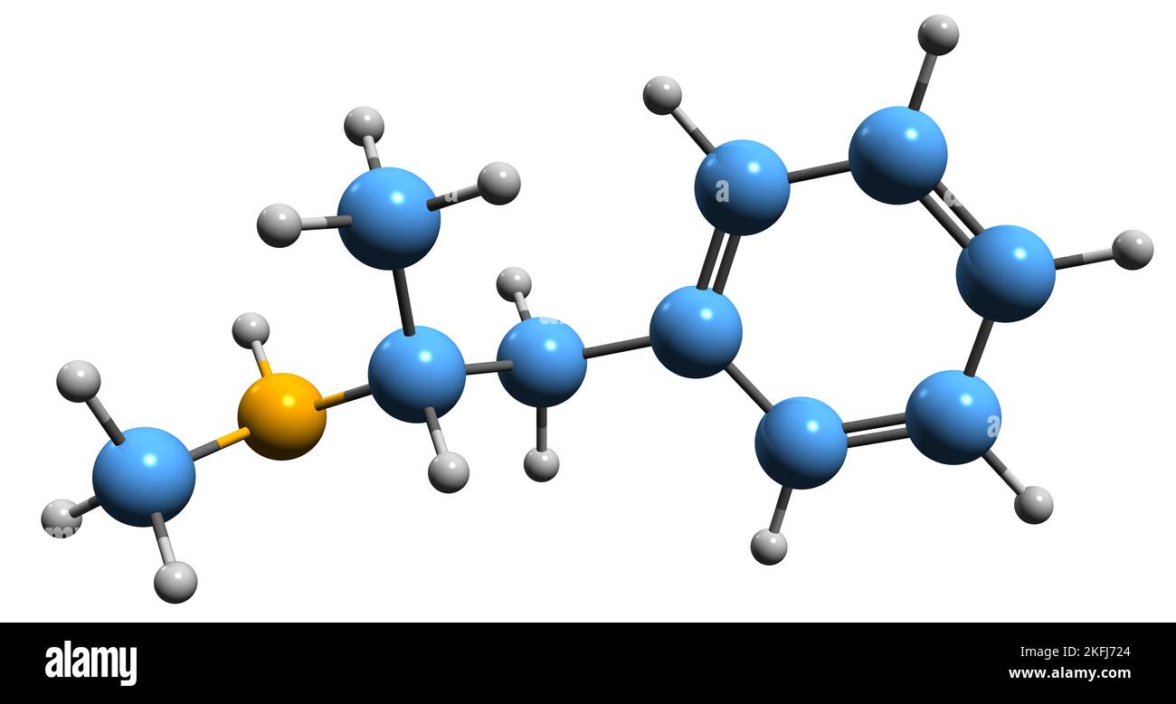 3D Bild von Methamphetamin Skelettformel - molekularchemische Struktur des zentralen Nervensystems Stimulans isoliert auf weißem Hintergrund Stockfoto