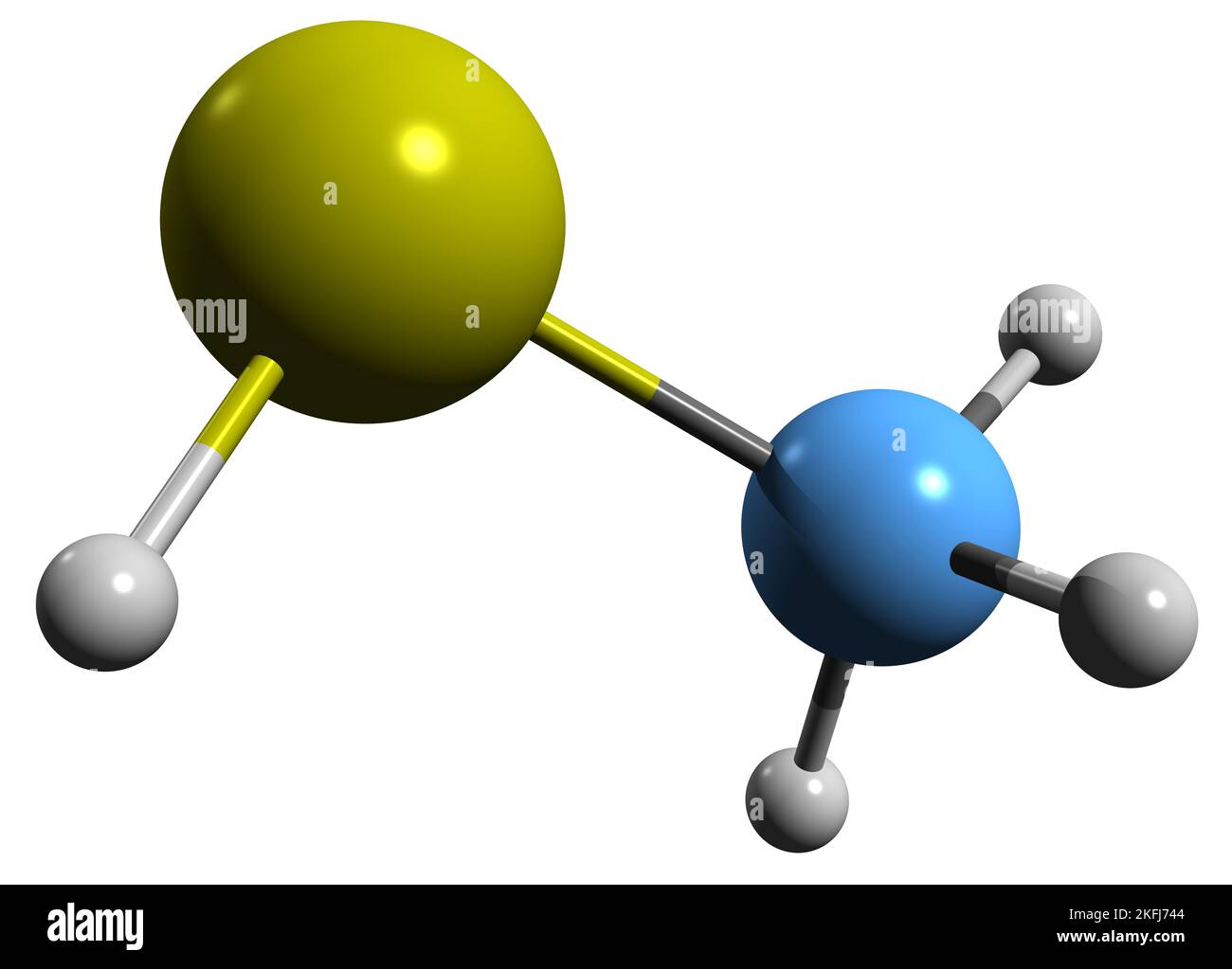 3D Bild der Methanethiol-Skelettformel - molekulare chemische Struktur der organoschwefelhaltigen Verbindung Thiomethyl-Alkohol auf weißem Hintergrund isoliert Stockfoto