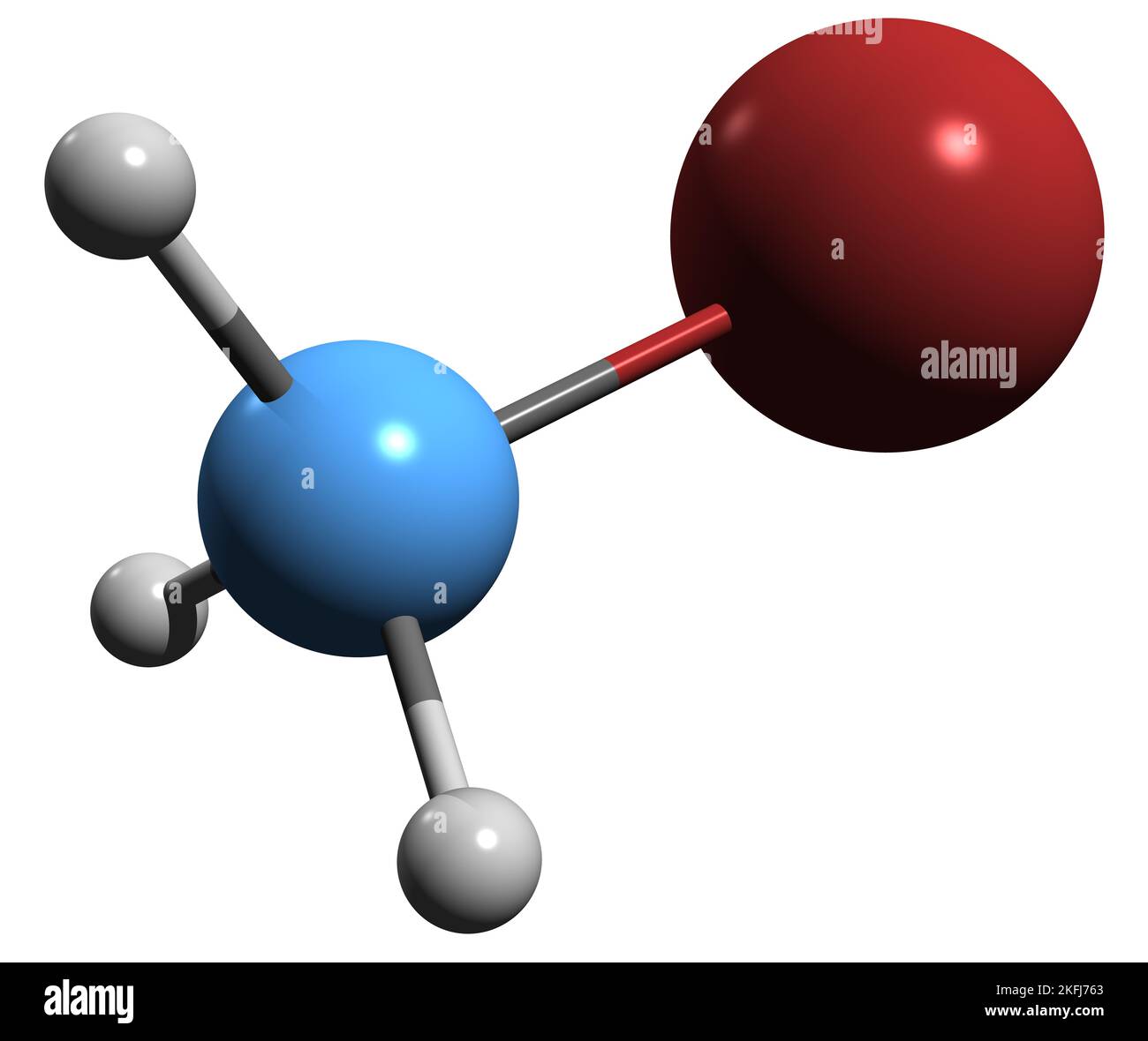 3D Bild der Skelettformel von Brommethan - molekularchemische Struktur der Organobromverbindung Methylbromid auf weißem Hintergrund isoliert Stockfoto