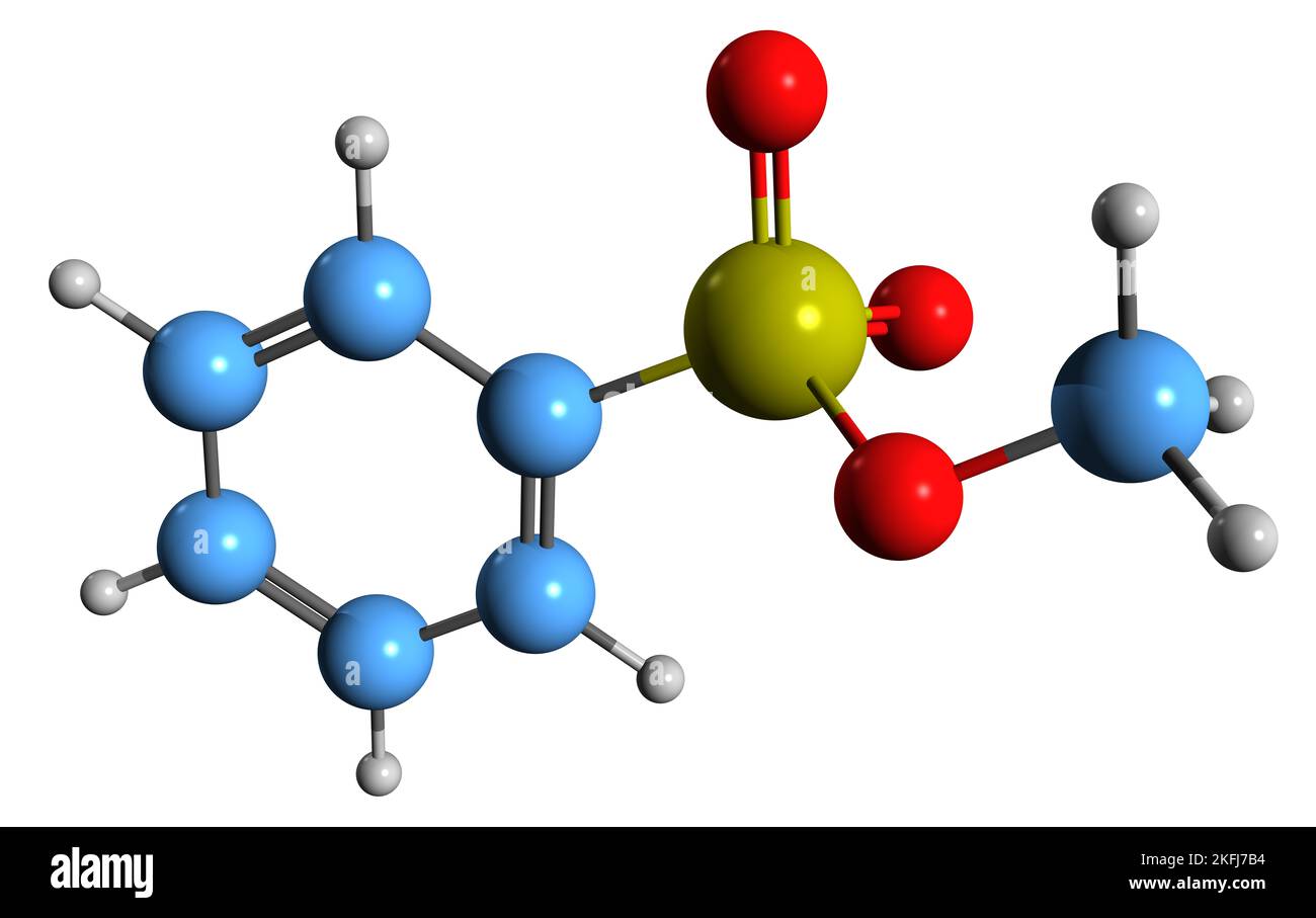 3D Bild der Skelettformel von Methyl-Benzinsulfonat - molekulare chemische Struktur von Methyl-Besylat auf weißem Hintergrund isoliert Stockfoto