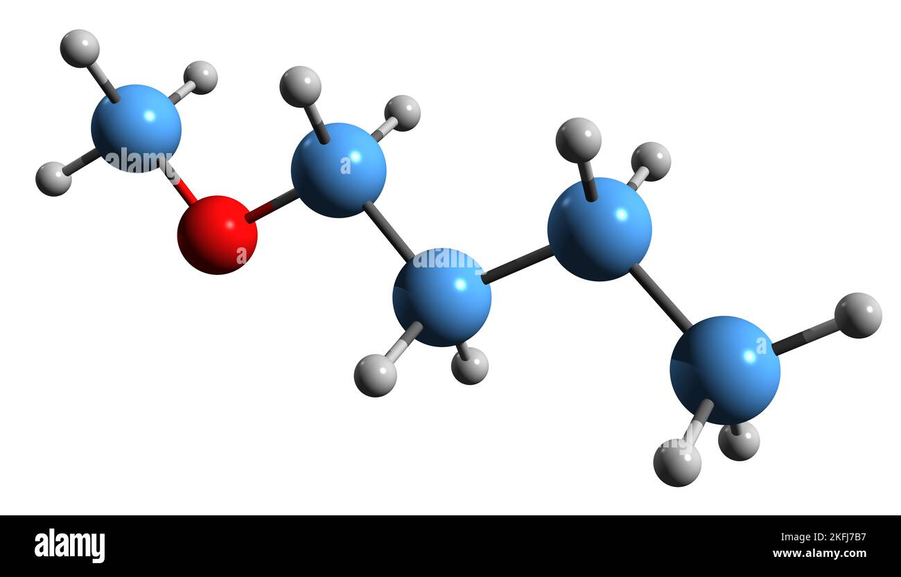 3D Bild der Skelettformel von Butylmethylether - molekularchemische Struktur von 1-Methoxybutan isoliert auf weißem Hintergrund Stockfoto