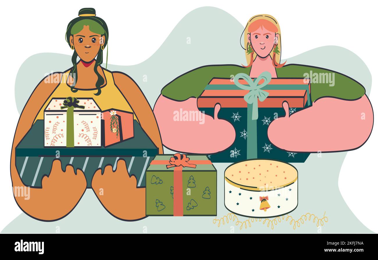 Mädchen Freunde mit vielen Geburtstags- oder Weihnachtsgeschenken. Illustration zum neuen Jahr. Stock Vektor