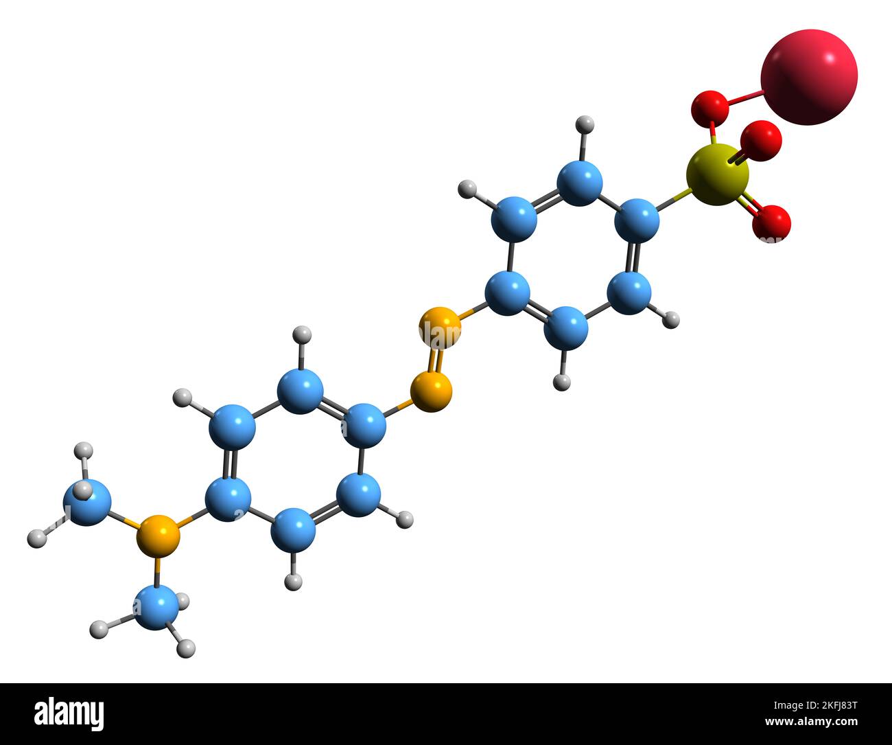 3D Bild der Skelettformel von Methyl-Orange - molekularchemische Struktur des pH-Indikators isoliert auf weißem Hintergrund Stockfoto