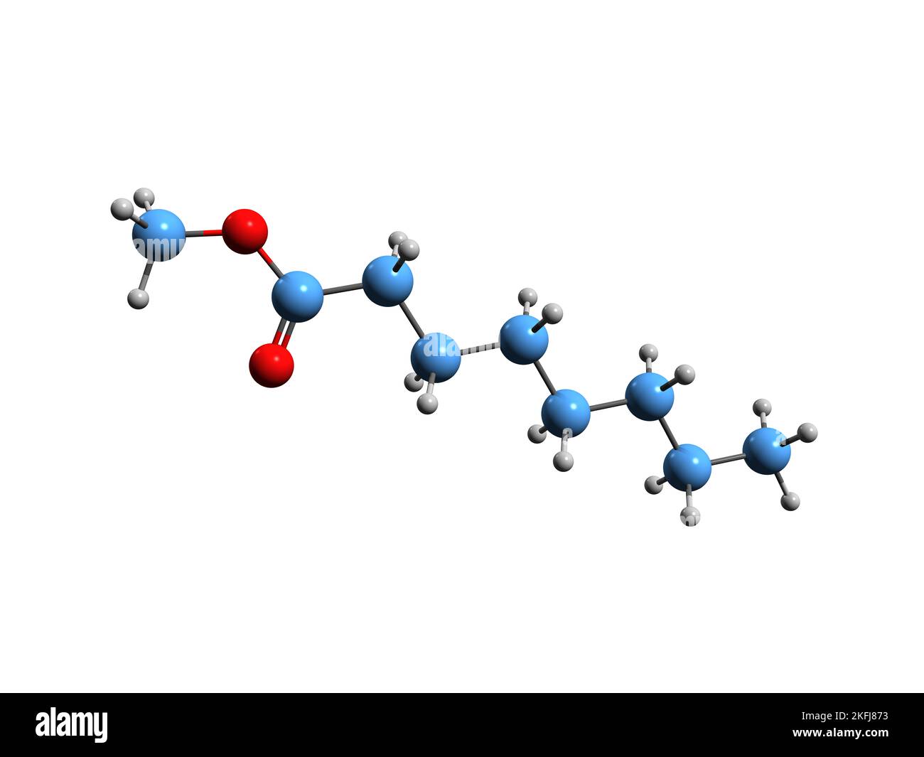 3D Bild der Skelettformel von Methyl-Octanoat - molekulare chemische Struktur von Methyl-caprylat auf weißem Hintergrund isoliert Stockfoto