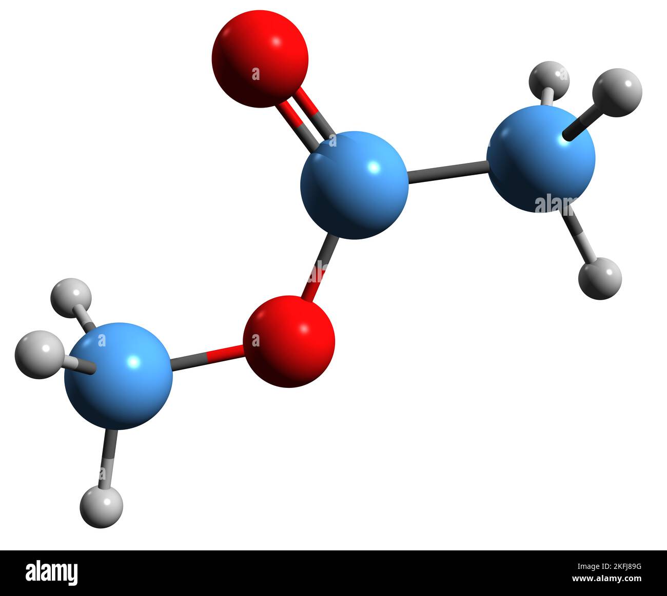 3D Bild der Skelettformel von Methylacetat - molekulare chemische Struktur von Methylethanat isoliert auf weißem Hintergrund Stockfoto