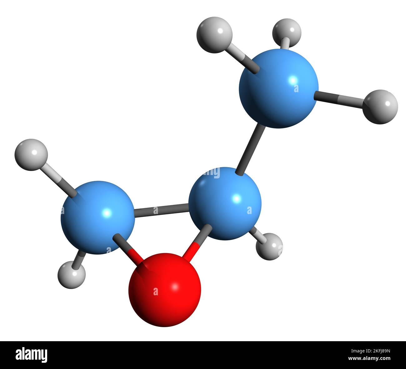 3D Bild der Propylenoxid-Skelettformel - molekularchemische Struktur von Methyloxiran isoliert auf weißem Hintergrund Stockfoto