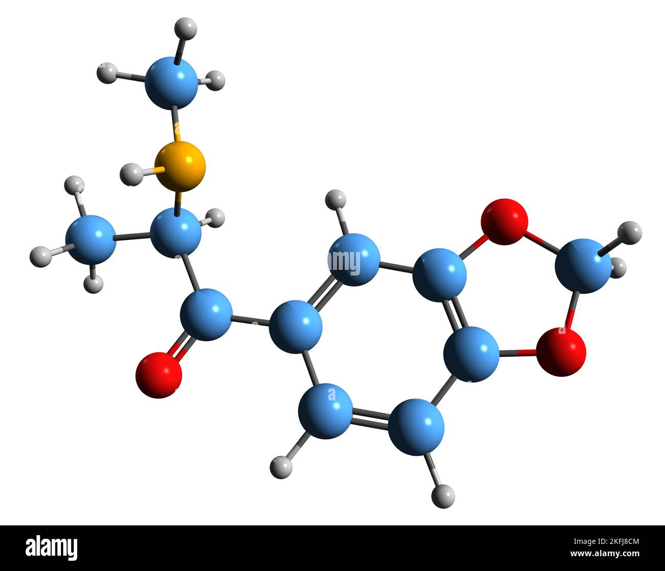 3D Bild der Methylon-Skelettformel - molekularchemische Struktur des Empathogens MDMC isoliert auf weißem Hintergrund Stockfoto