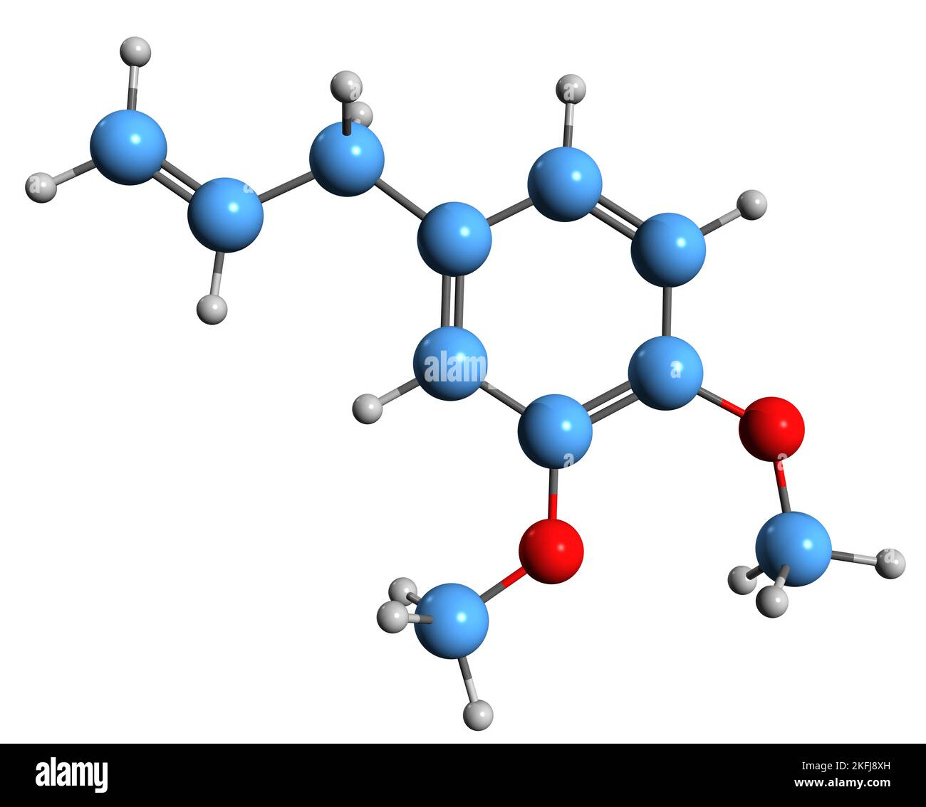 3D Bild der Skelettformel von Methyl Eugenol - molekulare chemische Struktur von Phenylpropen Allylveratrol auf weißem Hintergrund isoliert Stockfoto