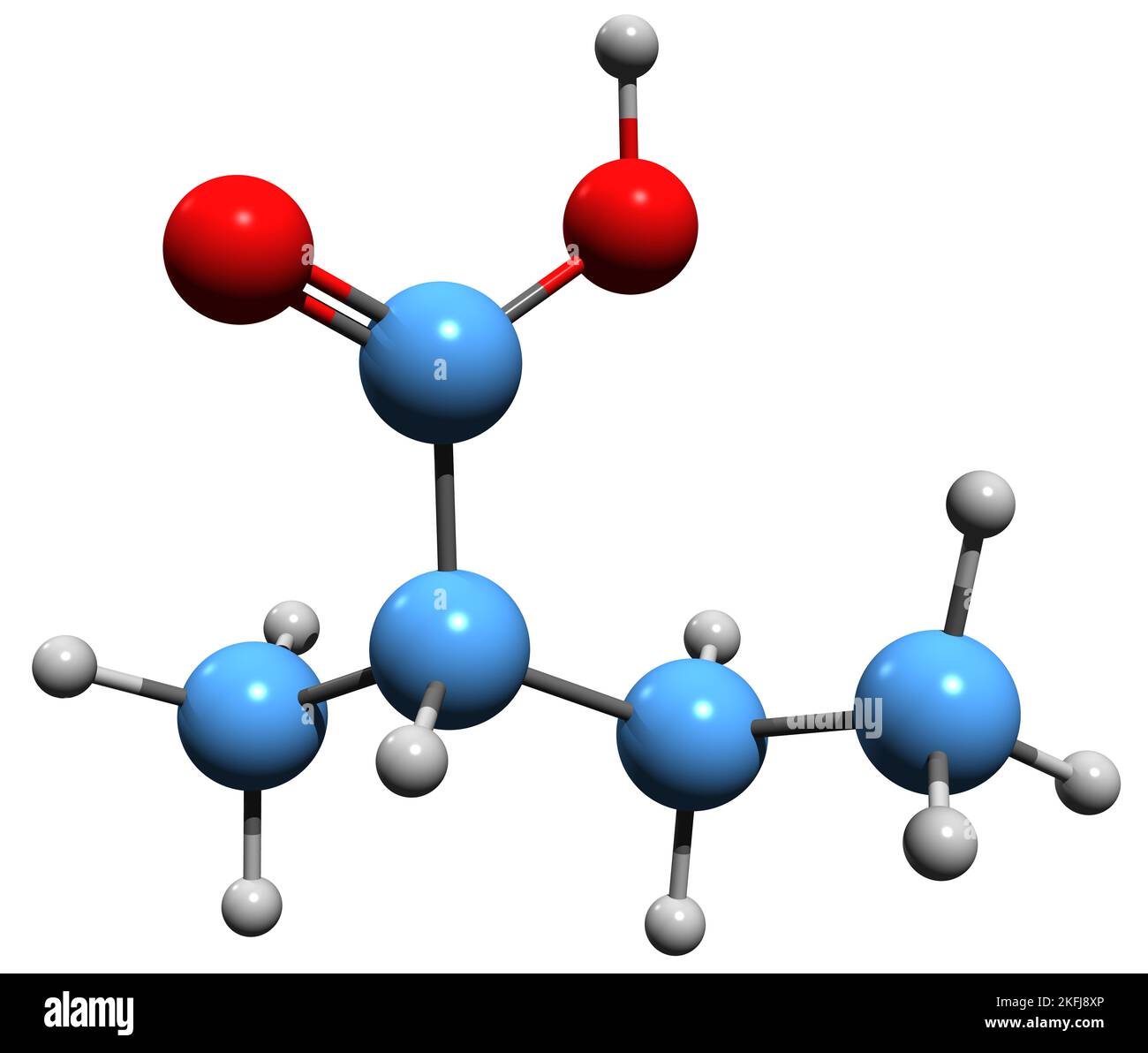 3D Bild der Skelettformel der Methylethyl-Essigsäure - molekularchemische Struktur der organischen Verbindung, isoliert auf weißem Hintergrund Stockfoto