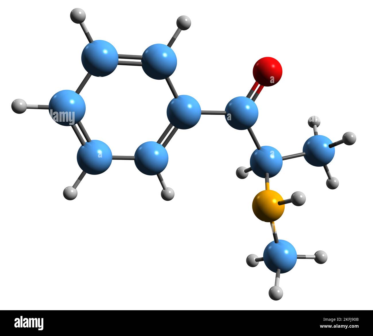 3D Bild der Skelettformel von Methcathinon - molekulare chemische Struktur des Monoaminsalkaloids Ephedon auf weißem Hintergrund isoliert Stockfoto