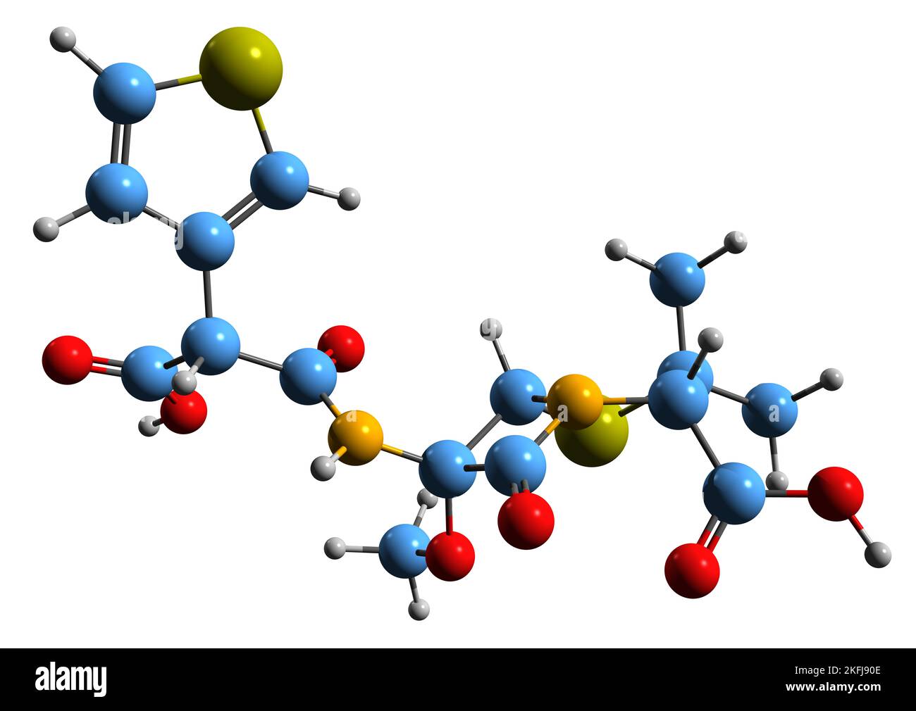3D Bild der Temocillin-Skelettformel - molekularchemische Struktur von Beta-Lactamase-resistentem Penicillin auf weißem Hintergrund isoliert Stockfoto