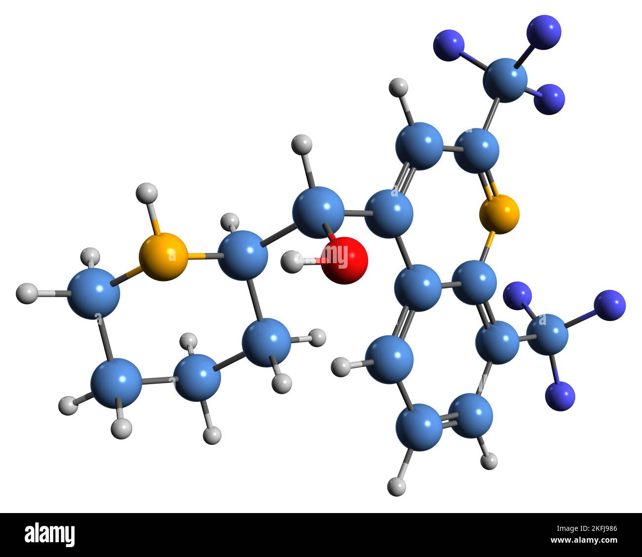 3D Abbildung der Skelettformel von Mefloquin - molekularchemische Struktur des Malariatherapie-Medikaments auf weißem Hintergrund isoliert Stockfoto