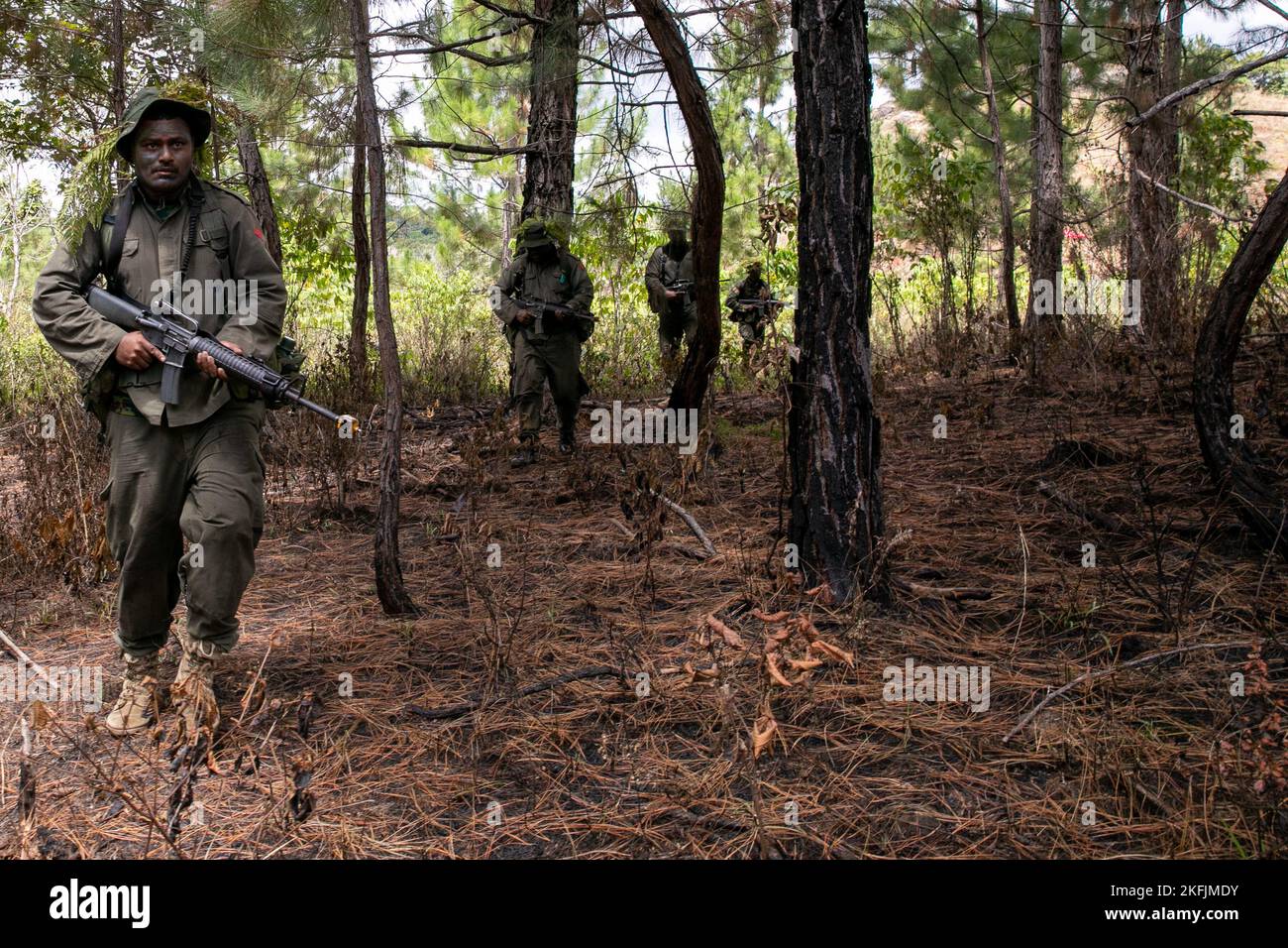 Soldaten des 3. Bataillons, Fidschi-Infanterie-Regiment patrouillieren im Dschungel der Nausori-Highlands im Rahmen der Situational Training Exercise (STX) Lanes, beobachtet von Mitgliedern der Bravo Company, 2. Bataillon, 27. Infanterie-Regiment, 3. Infanterie-Brigade-Kampfteam, 25. Infanterie-Division, während der Übung Cartwheel, Nadi, Fidschi, 20. September 2022. Übung Cartwheel bietet ein hartes, realistisches Training, stärkt die Kapazitäten der RFMF und der US-Armee als regionale Führer und erhöht die Sicherheitskooperation für einen freien und offenen Indo-Pazifik-Raum. Stockfoto