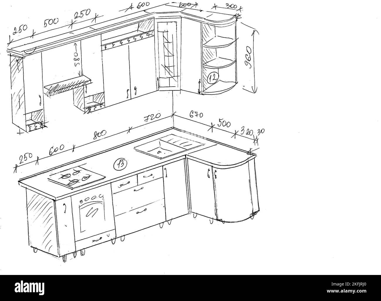 Zeichnung, Skizze von Küchenmöbeln mit Abmessungen Stockfoto