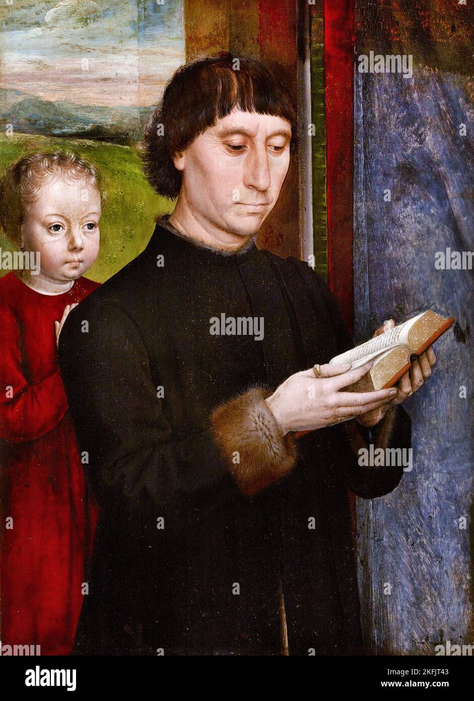 Hans Memling; Portrait of a man Reading; um 1480; Öl auf Tafel; Brukenthal National Museum, Sibiu, Rumänien. Stockfoto