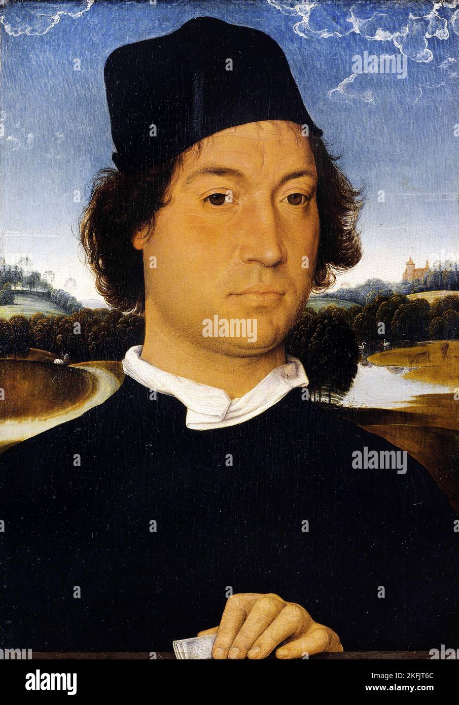 Hans Memling; Porträt eines unbekannten Mannes mit einem Letternk; um 1485-1489; Öl auf Tafel; Uffizien, Florenz, Italien. Stockfoto