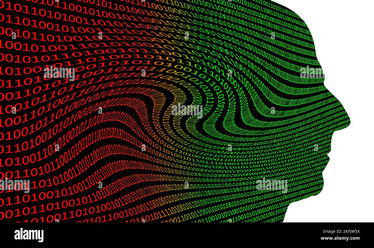 Binärcode und Kopf, konzeptionelle Illustration Stockfoto