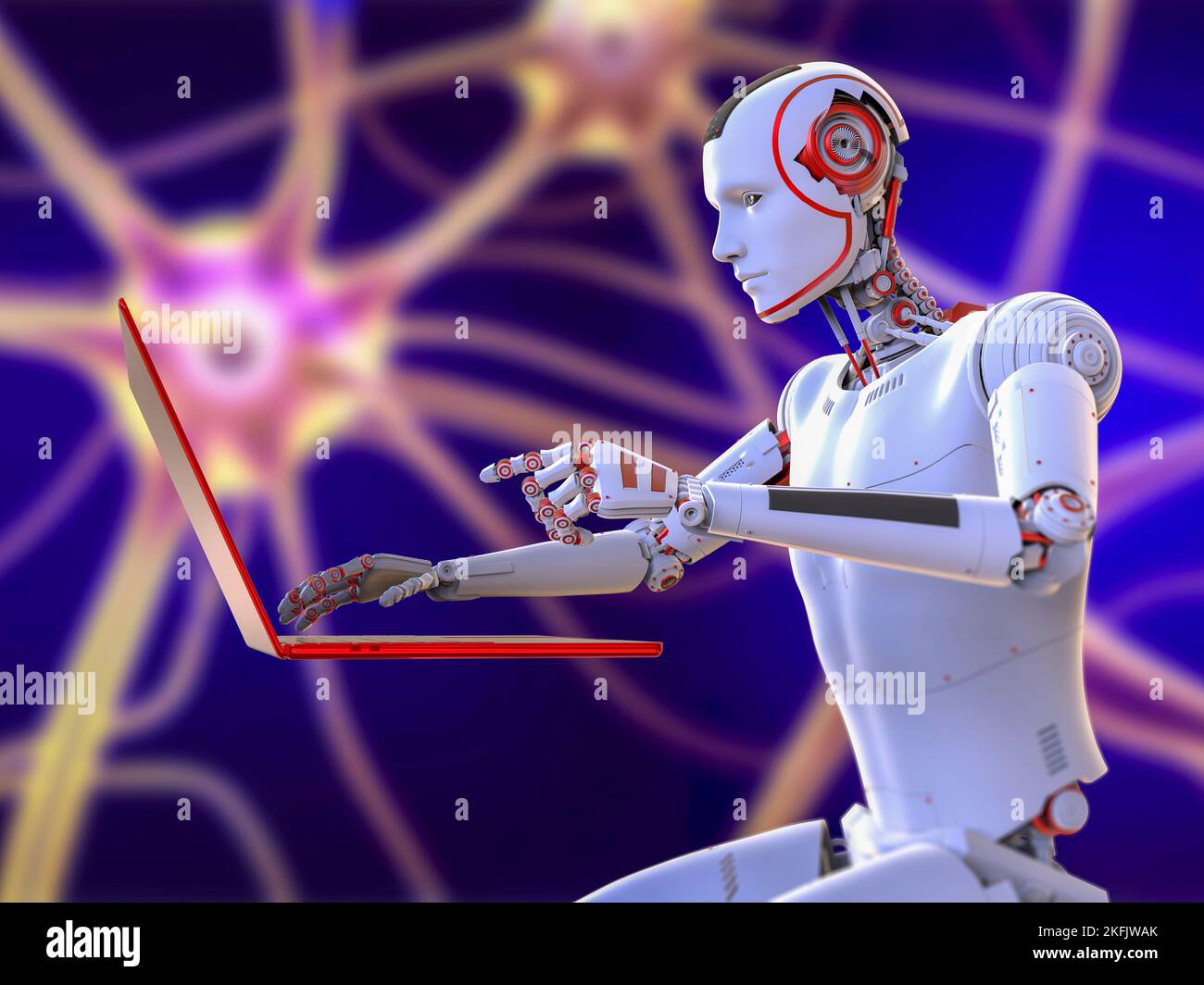 Humanoider Roboter, der mit einem Laptop arbeitet, konzeptuelle Illustration Stockfoto