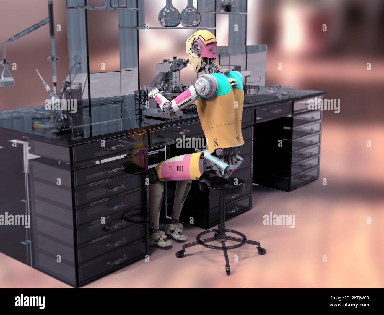 Humanoider Roboter, der mit dem Mikroskop arbeitet, Illustration Stockfoto
