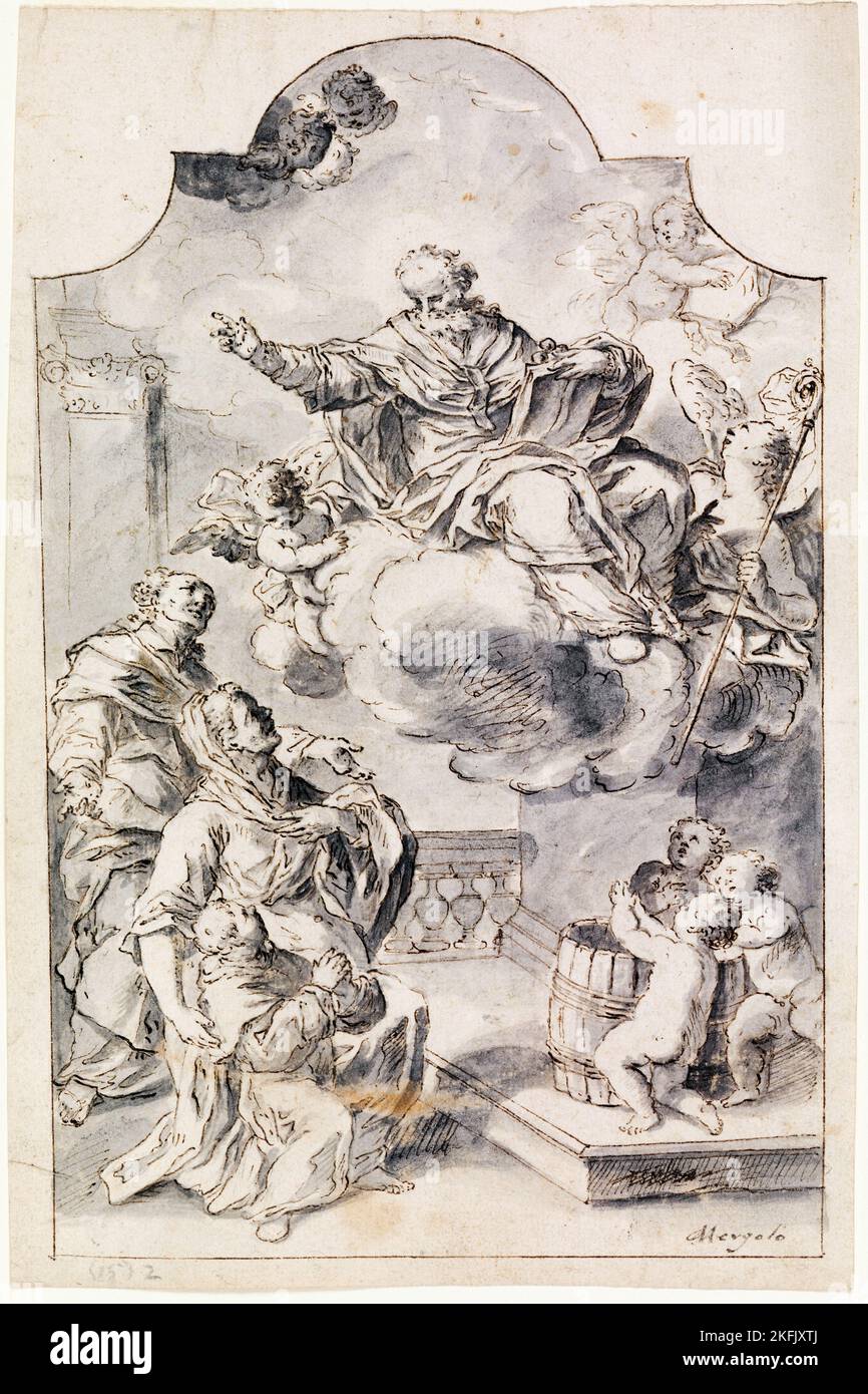 Francesco Saverio Mergolo; Votivbild eines Jungen, der von seinen Eltern dem heiligen Nikolaus von Bari vorgestellt wurde; Ende des 18.. Jahrhunderts; Feder und braune Tinte auf Papier; Stockfoto