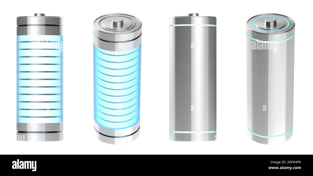 3D Rendering-Gruppe von Alkali- und li-Ionen- oder wiederaufladbaren Batterien auf weißem Hintergrund isoliert Stockfoto