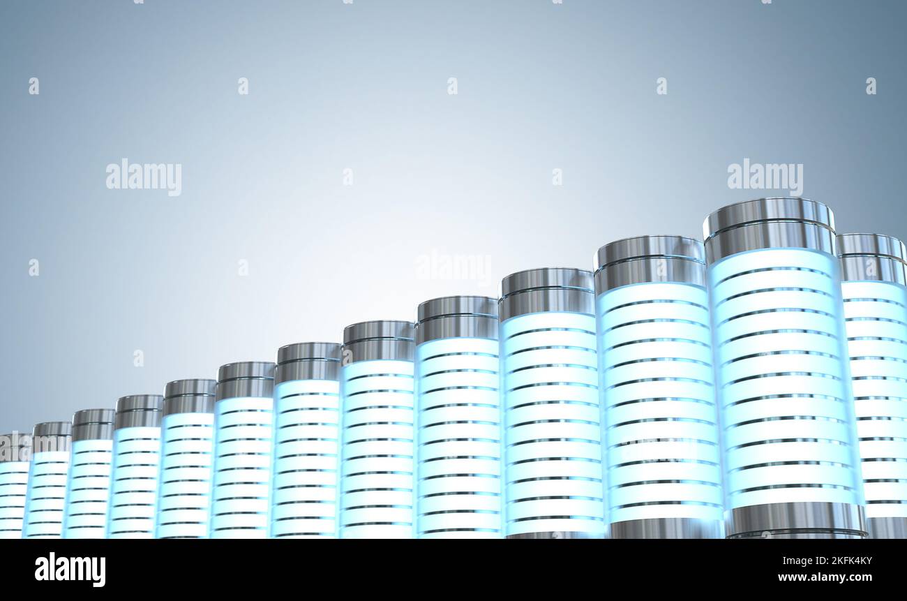 3D Rendering-Gruppe von Alkali- und li-Ionen- oder wiederaufladbaren Batterien Stockfoto