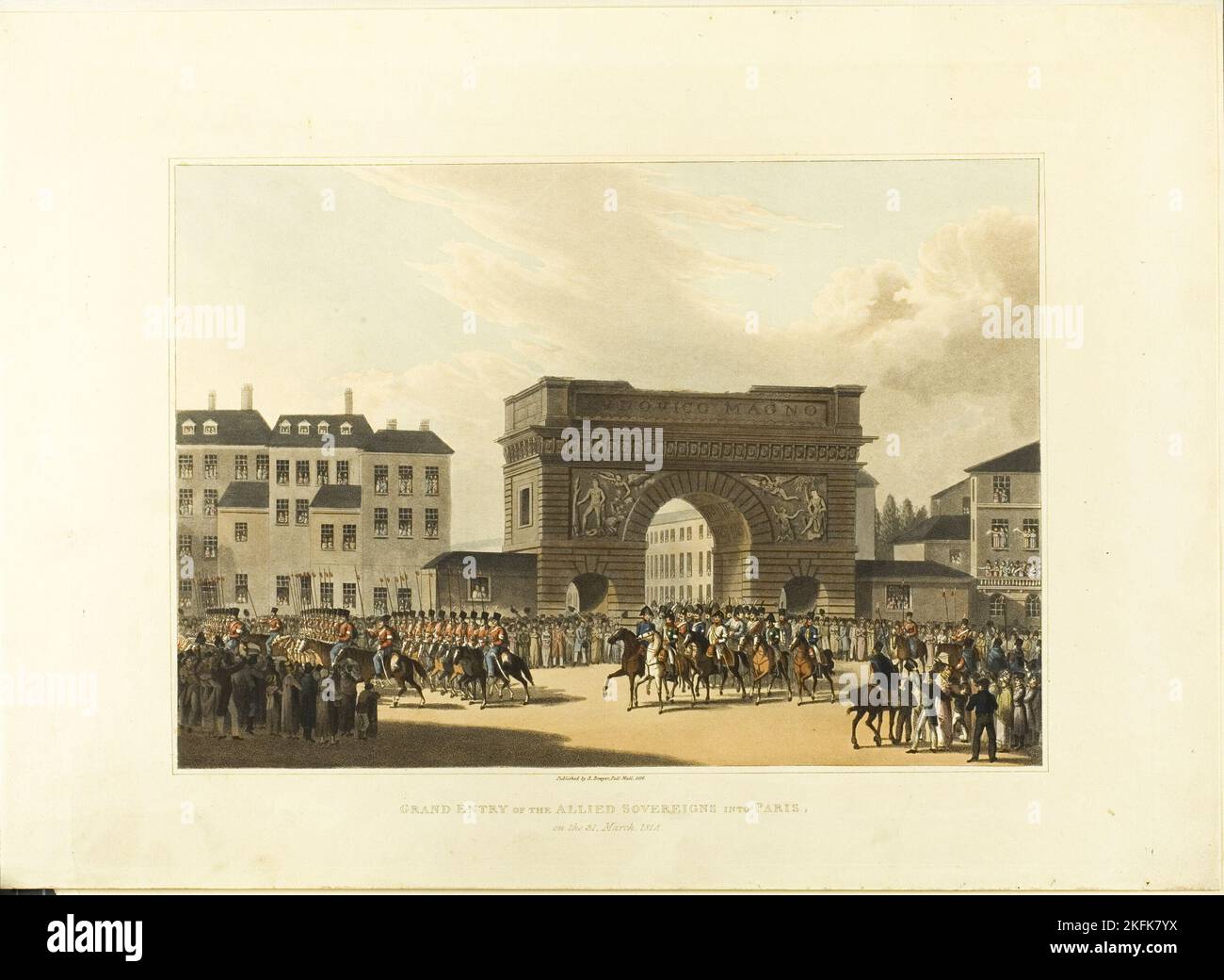 Großer Eintritt der alliierten Herrscher in Paris, am 31. März 1814, Ende 18.-Anfang 19. Jahrhundert. Zar Alexander I. von Russland und König Friedrich Wilhelm III. Von Preußen kommen zusammen mit den Offizieren anderer alliierter Nationen nach Paris. Herausgegeben von Robert Bowyer. Stockfoto