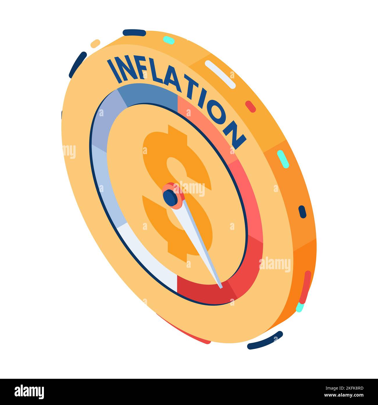 Flache 3D Isometrische Dollar-Münze mit hohem Inflationsmesser. Konzept für Inflation und Finanzkrise. Stock Vektor