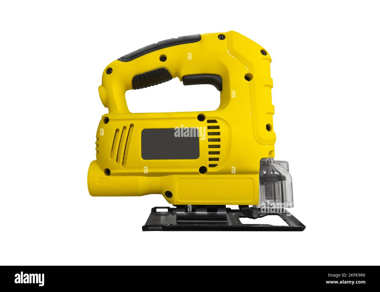 Elektrische Stichsäge isoliert auf weißem Backgroiund. Elektrische Spannsägemaschine isoliert. Stockfoto