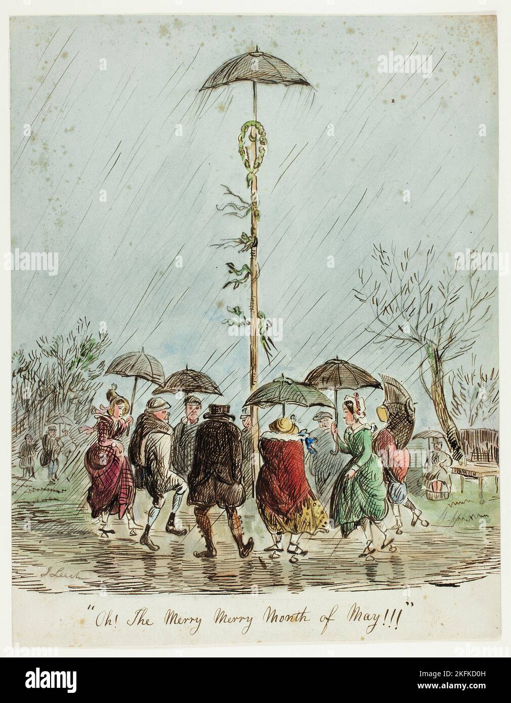 Oh! Der fröhliche, fröhliche Monat Mai!!!, 1850/59. Traditioneller englischer Brauch: Menschen, die im Regen um den Maibaum tanzen. Von oder möglicherweise nach John Leech. Stockfoto